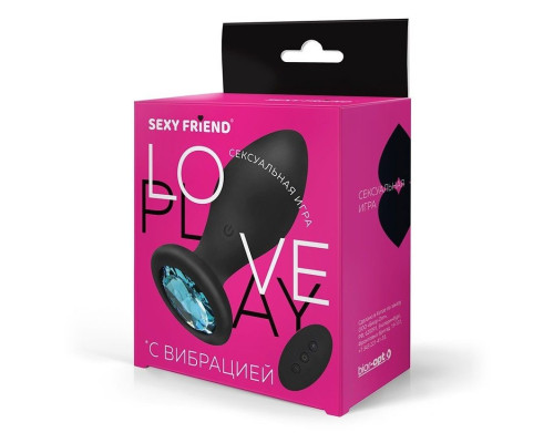 Черная вибровтулка с голубым кристаллом и пультом ДУ - 8,5 см.