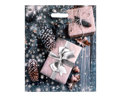Новогодний пакет с принтом в виде подарков и вырубной ручкой (45х38 см)