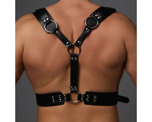 Черная кожаная мужская портупея с регулируемыми ремешками