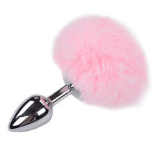 Серебристая анальная втулка с розовым хвостиком Alive Metal Anal Fluffly Plug S