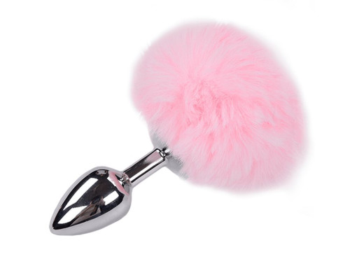 Серебристая анальная втулка с розовым хвостиком Alive Metal Anal Fluffly Plug S