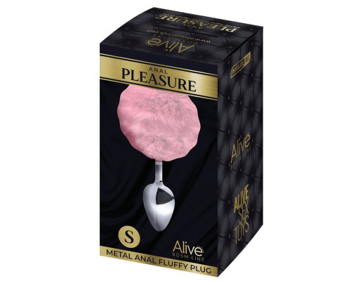 Серебристая анальная втулка с розовым хвостиком Alive Metal Anal Fluffly Plug S