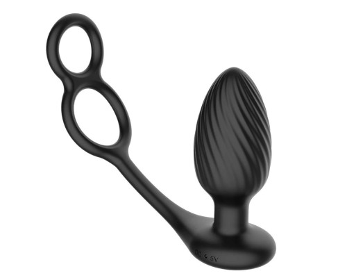 Черная анальная вибровтулка Tornado with Cock   Ball Rings с эрекционными кольцами