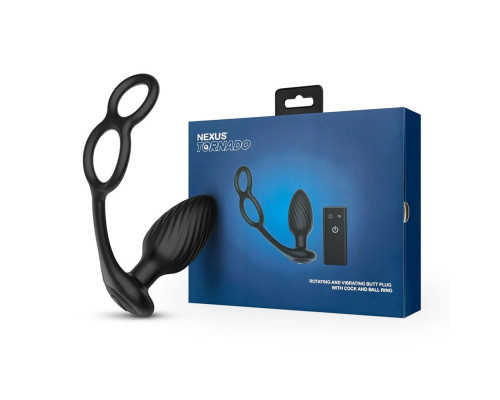 Черная анальная вибровтулка Tornado with Cock   Ball Rings с эрекционными кольцами
