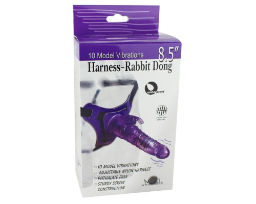 Фиолетовый страпон 10 Mode Vibrations 8.5  Harness Rabbit Dong - 19 см.