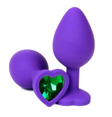 Фиолетовая силиконовая анальная пробка с зеленым стразом-сердцем - 8 см.
