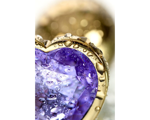 Золотистая анальная втулка с фиолетовым кристаллом-сердечком - 7 см.