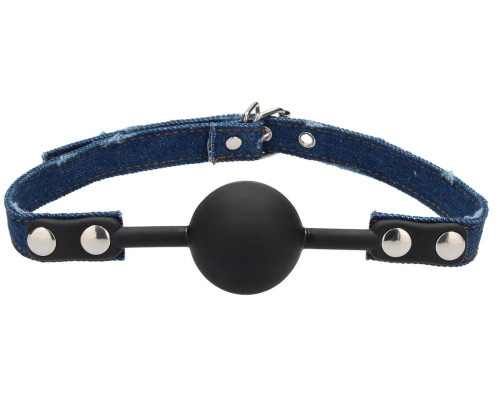 Черный кляп-шарик With Roughend Denim Straps с синими джинсовыми ремешками