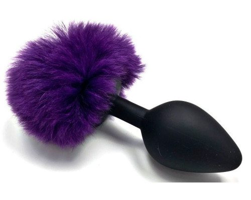 Черная силиконовая анальная пробка с пушистым фиолетовым хвостиком зайчика