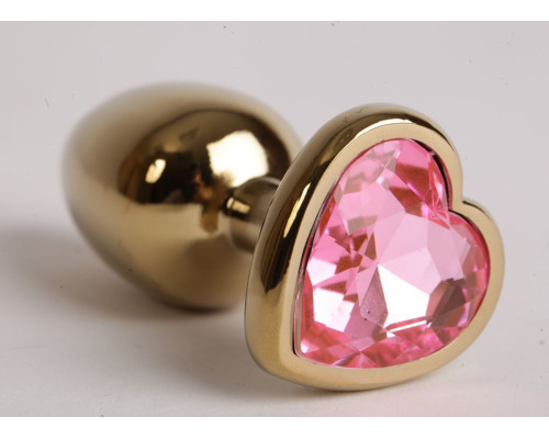 Золотистая анальная пробка с розовым стразиком-сердечком - 9 см.