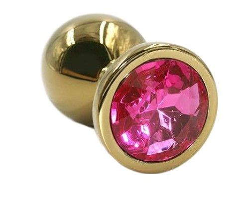 Золотистая алюминиевая анальная пробка с ярко-розовым кристаллом - 6 см.