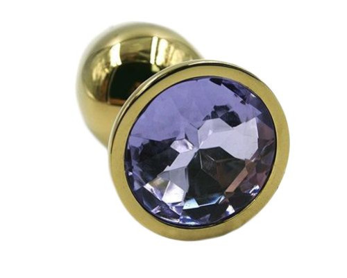 Золотистая алюминиевая анальная пробка с светло-фиолетовым кристаллом - 6 см.