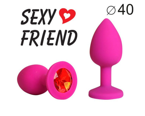 Ярко-розовая анальная пробка с красным кристаллом - 9,5 см.