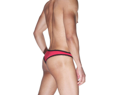 Красные мужские трусы-бразилиана с черной рюшевой отделкой