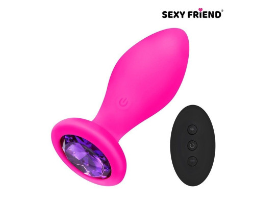 Розовая вибровтулка с фиолетовым кристаллом и пультом ДУ - 9 см.