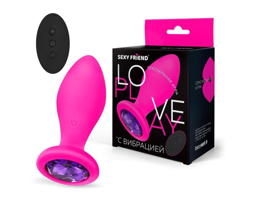 Розовая вибровтулка с фиолетовым кристаллом и пультом ДУ - 9 см.