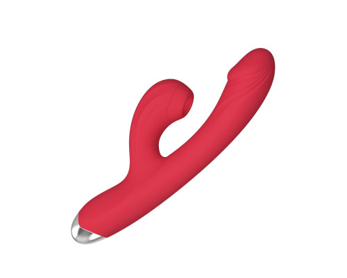 Красный силиконовый вибратор-кролик с вакуумным клиторальным отростком - 20,5 см.