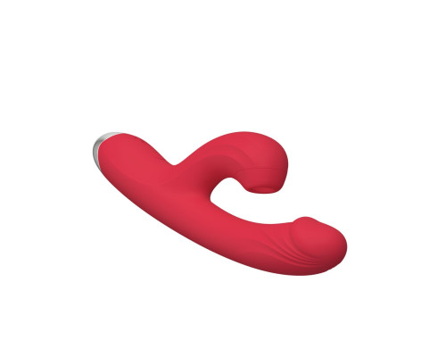 Красный силиконовый вибратор-кролик с вакуумным клиторальным отростком - 20,5 см.