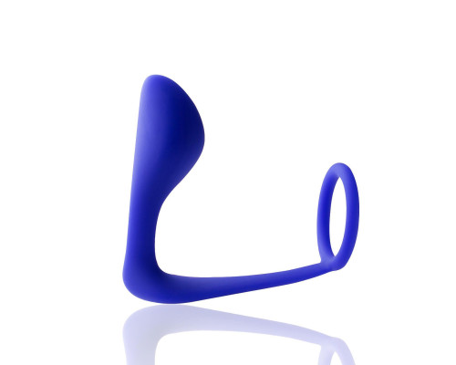 Синее эрекционное кольцо c анальным стимулятором Satyr