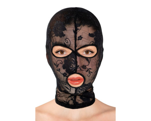 Черная кружевная маска на голову с отверстиями для глаз и рта