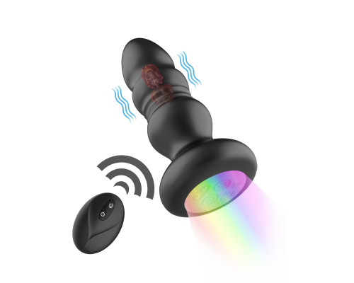 Черная анальная вибропробка с фрикционным механизмом и LED-подсветкой - 12,5 см.