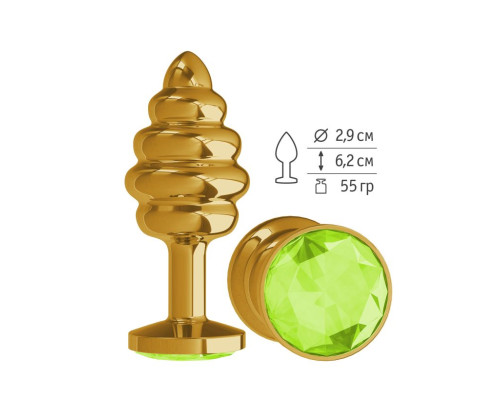 Золотистая спиралевидная анальная пробка с салатовым кристаллом - 7 см.