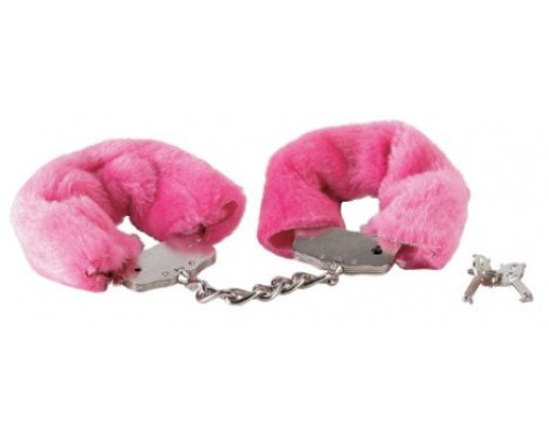 Розовые меховые наручники на сцепке с ключами