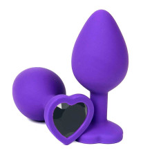 Фиолетовая силиконовая анальная пробка с черным стразом-сердцем - 8,5 см.
