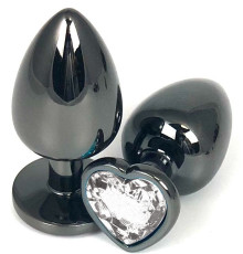 Черная металлическая анальная пробка с прозрачным стразом-сердечком - 7,5 см.