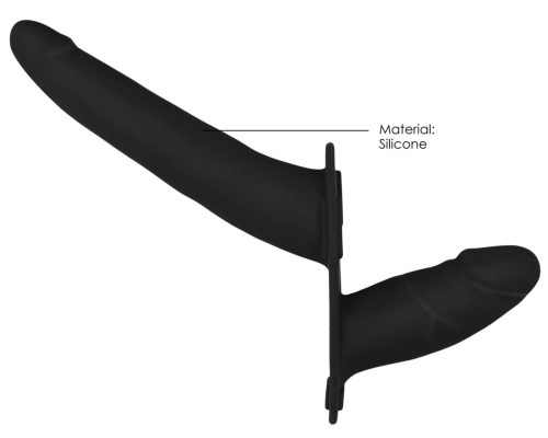 Черный двойной страпон Adjustable на ремешках - 16 см.