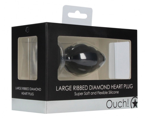 Черная анальная пробка Large Ribbed Diamond Heart Plug - 8 см.