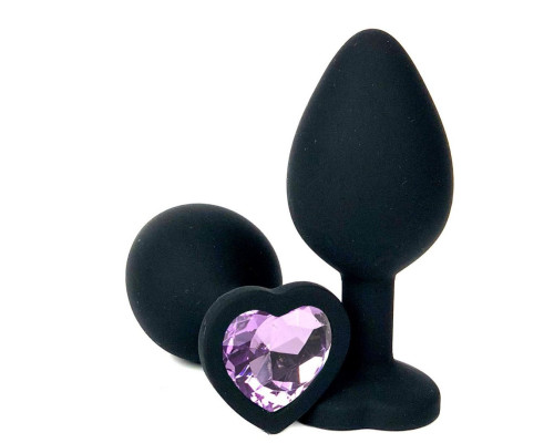 Черная силиконовая пробка с сиреневым кристаллом-сердечком - 7 см.
