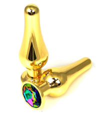 Золотистая удлиненная анальная пробка с разноцветным кристаллом - 8 см.