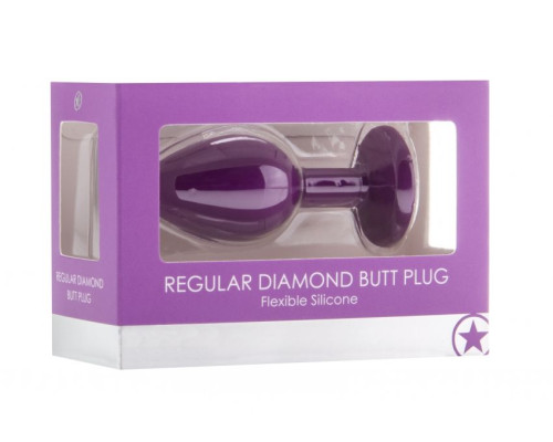 Фиолетовая анальная пробка OUCH! Regular Diamond Butt Plug с прозрачным кристаллом - 7,3 см.