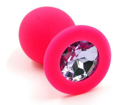 Розовая силиконовая анальная пробка с розовым кристаллом - 7 см.