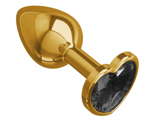 Золотистая анальная втулка с чёрным кристаллом-сердцем - 7 см.