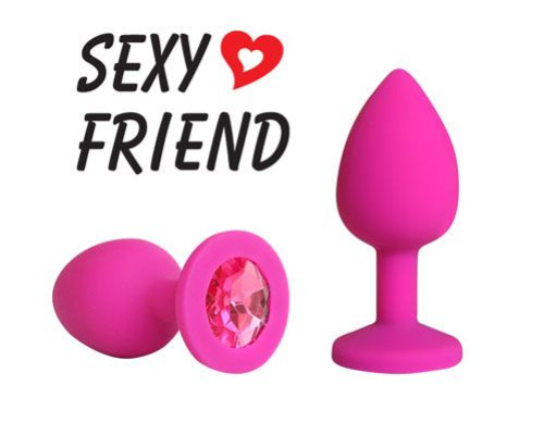 Розовая конусовидная анальная пробка с малиновым кристаллом - 7,3 см.