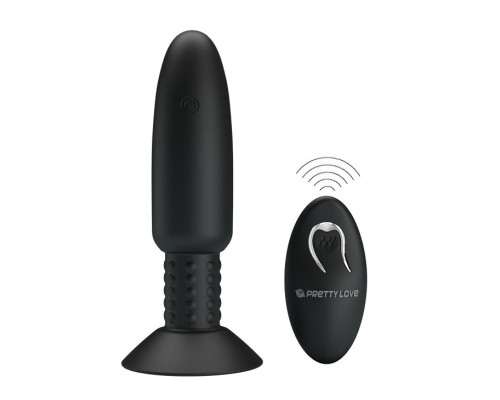 Черная анальная вибропробка с пультом ДУ и римминг-эффектом - 14,6 см.