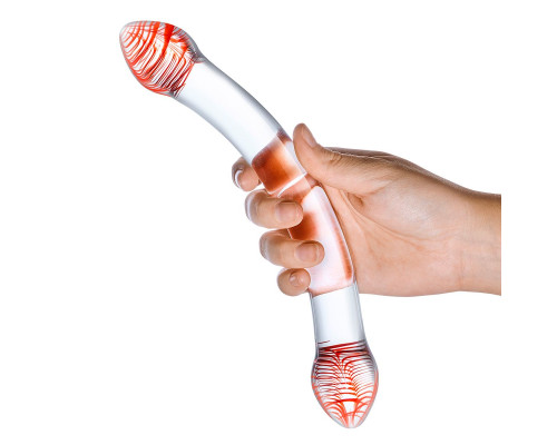 Изогнутый двусторонний фаллос из стекла Red Head - 22 см.