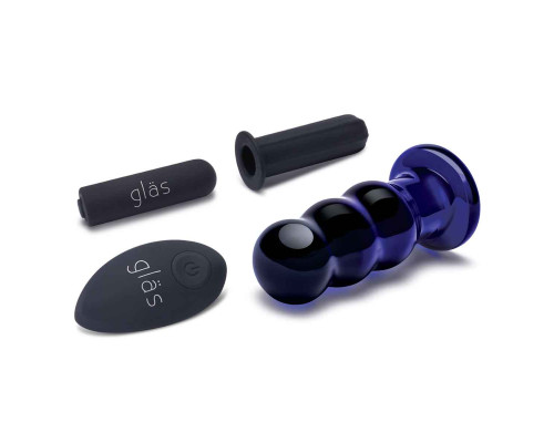 Синий стеклянный анальный стимулятор на дистанционном управлении Beaded Buttplug