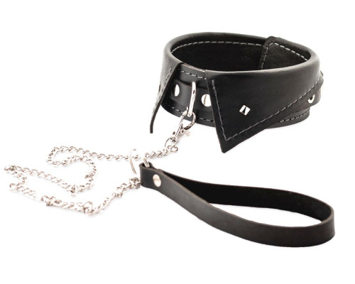 Черный ошейник-воротничок с металлическим поводком