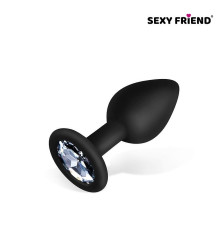 Черная силиконовая анальная втулка с прозрачным кристаллом - 7,3 см.