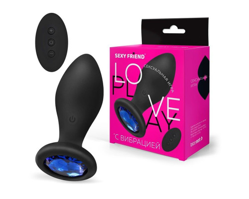 Черная вибровтулка с синим кристаллом и пультом ДУ - 9 см.