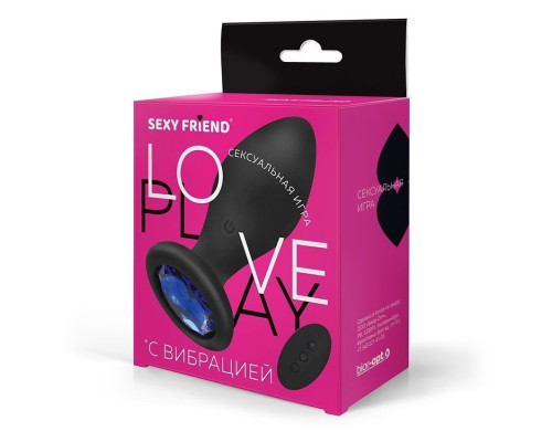 Черная вибровтулка с синим кристаллом и пультом ДУ - 9 см.