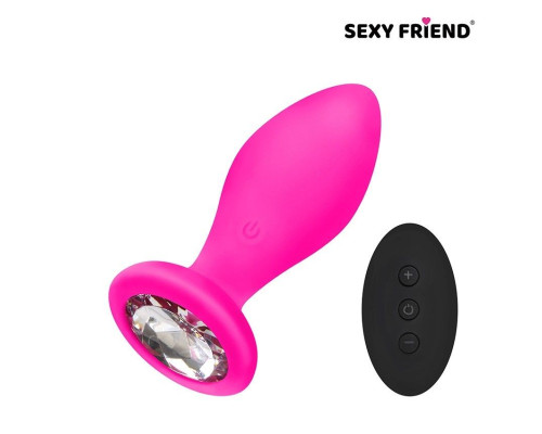 Розовая вибровтулка с прозрачным кристаллом и пультом ДУ - 8,5 см.