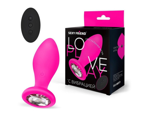 Розовая вибровтулка с прозрачным кристаллом и пультом ДУ - 8,5 см.