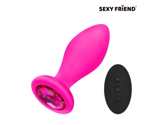 Розовая вибровтулка с малиновым кристаллом и пультом ДУ - 9 см.