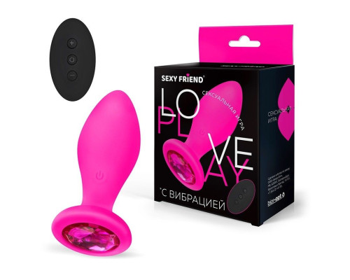 Розовая вибровтулка с малиновым кристаллом и пультом ДУ - 9 см.