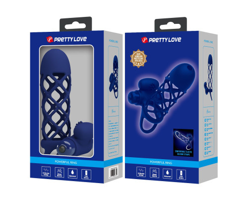 Синяя насадка на пенис Powerful Ring - 13,5 см.