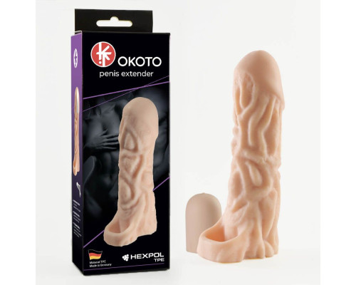 Телесная насадка-удлинитель Okoto с богатым рельефом поверхности - 16 см.